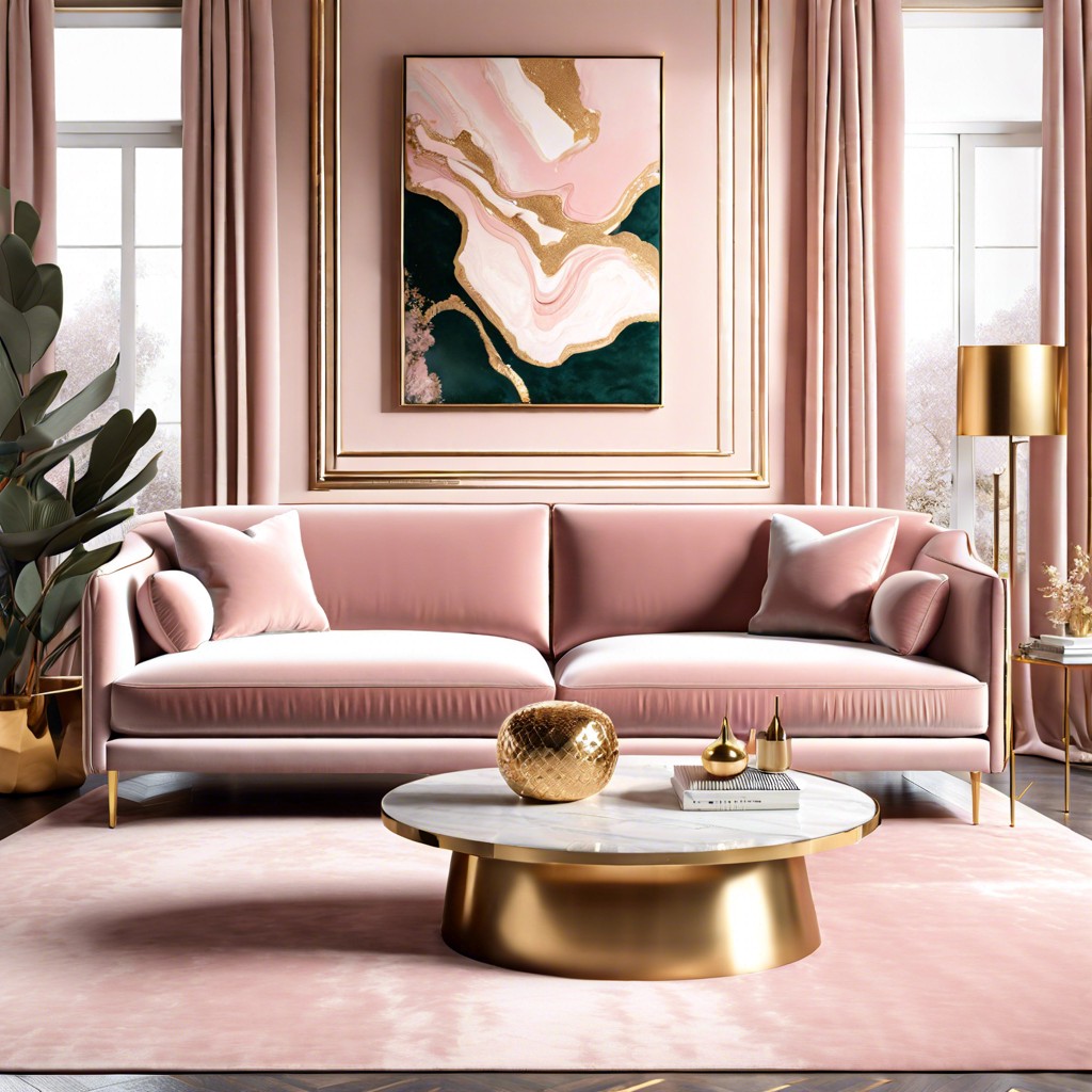 velvet blush pink couch with gold accents