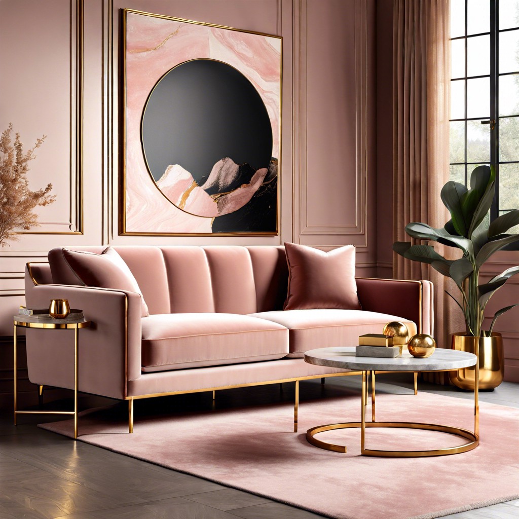 velvet blush sofa with gold metal legs