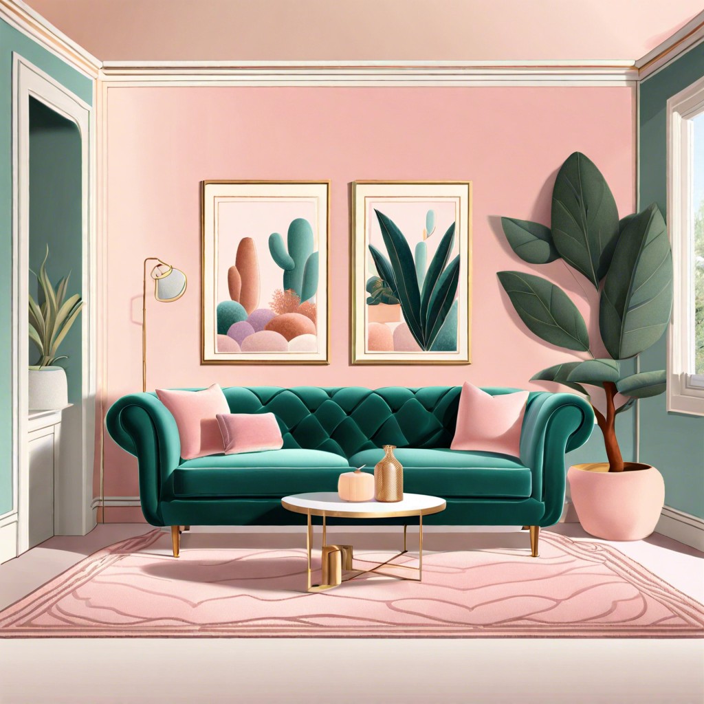 velvet couch in a pastel themed living room