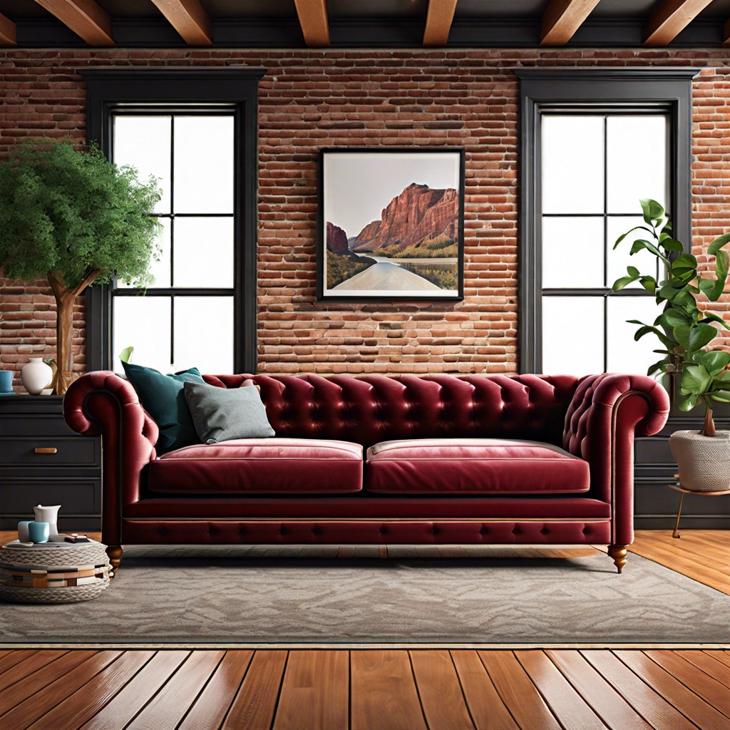 velvet couch in a room with exposed brick walls