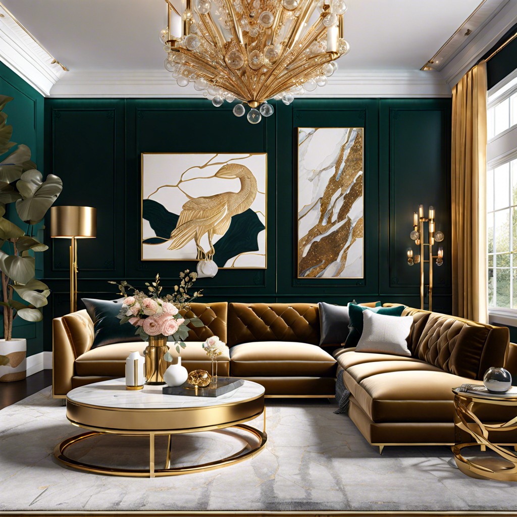 velvet sectional paired with gold accents