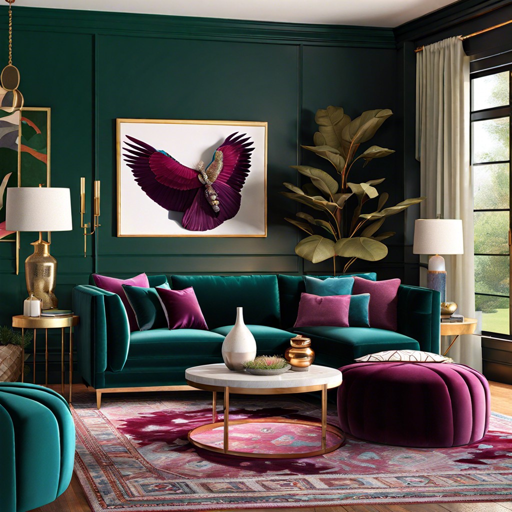 velvet sectional with jewel toned throw pillows