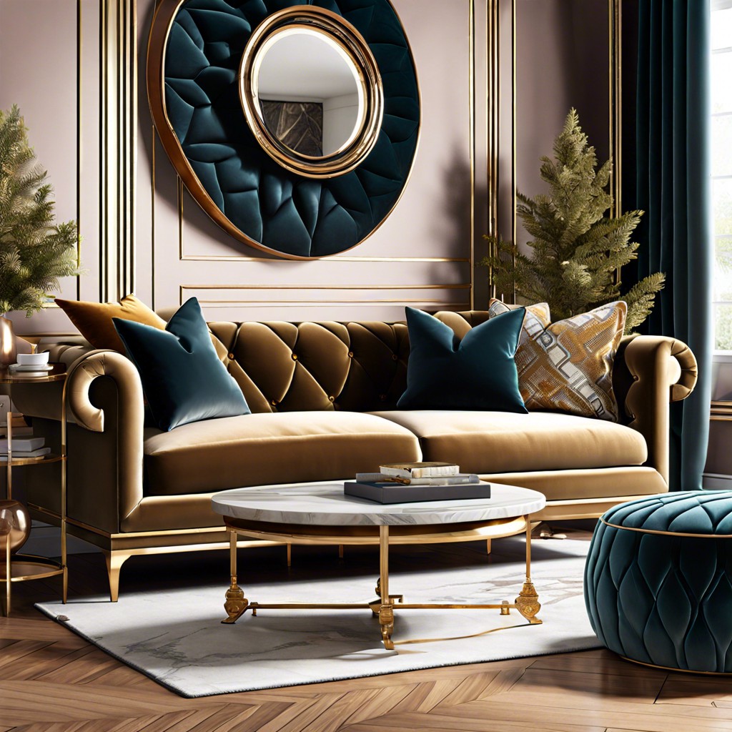 velvet sofa with metallic accents