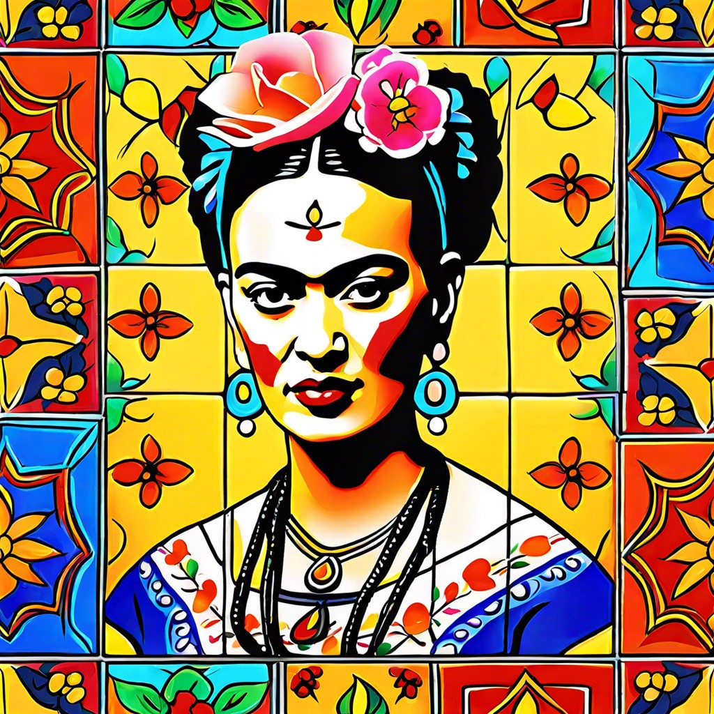 vibrant frida kahlo portrait tiles mixed within solid colored tiles