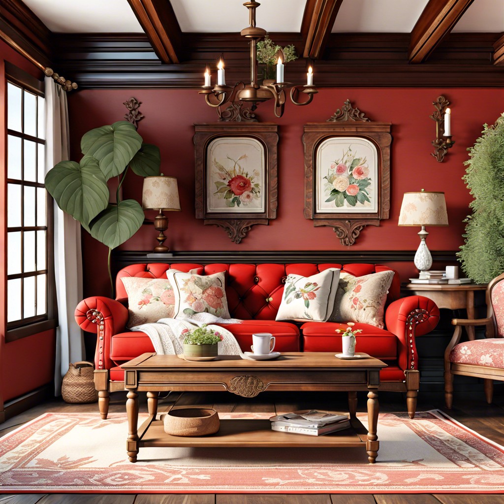 vintage charm pair the red couch with antique wood furniture lace details and soft floral patterns