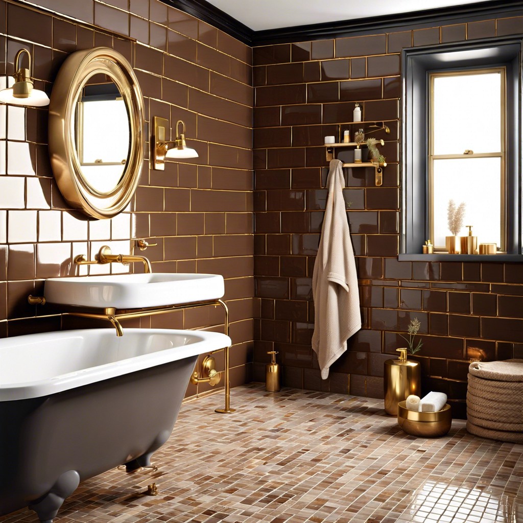 vintage elegance install subway patterned brown tiles with old fashioned brass fittings