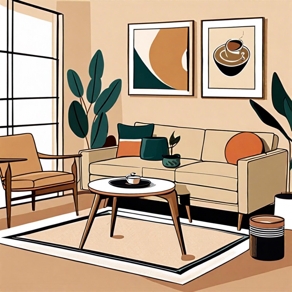 vintage flair add a mid century modern coffee table and retro artwork