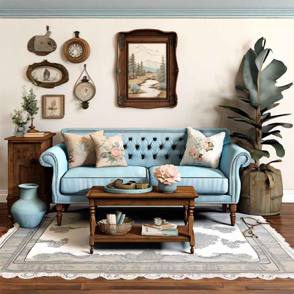 vintage mix match a light blue couch with antique finds lace details and distressed wood