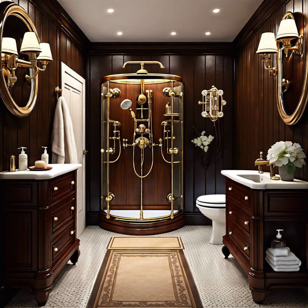 vintage shower with antique bronze fixtures and dark wood walls