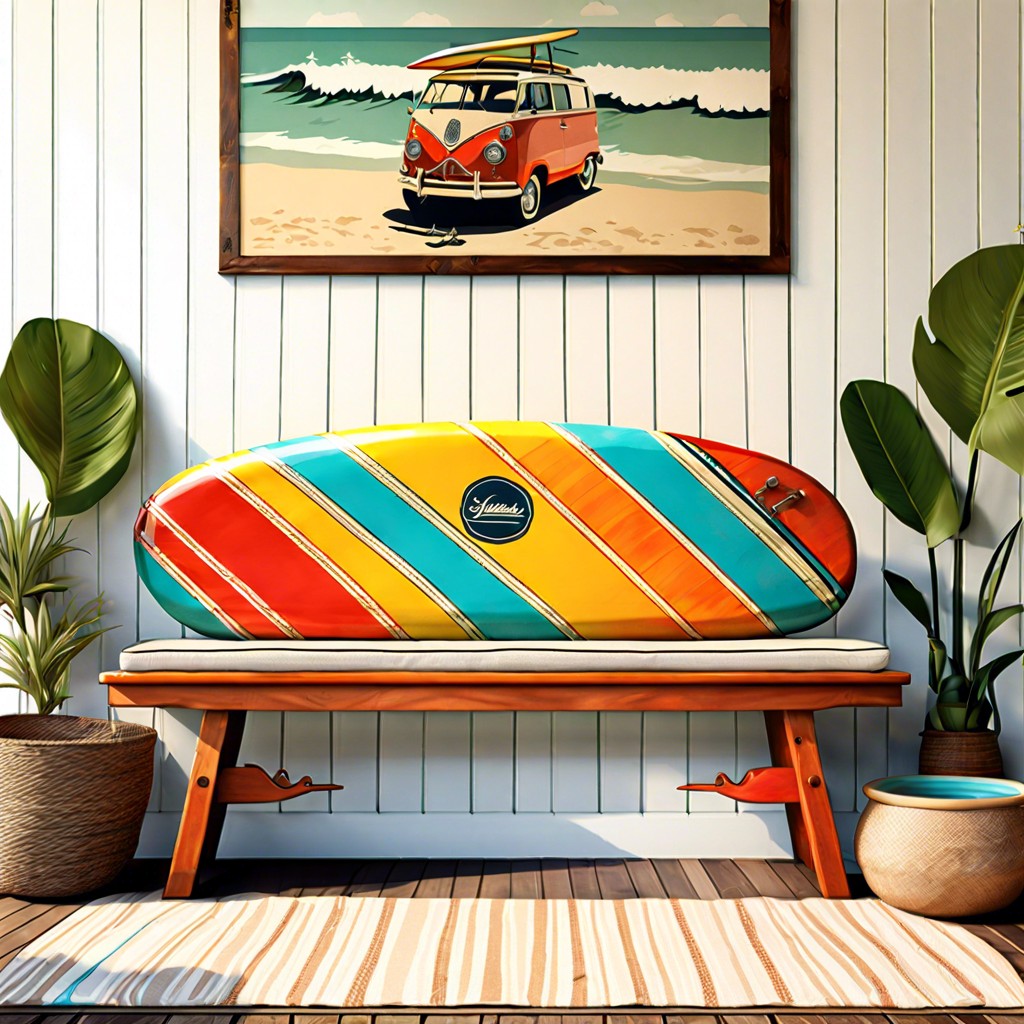 vintage surfboard bench with cushions
