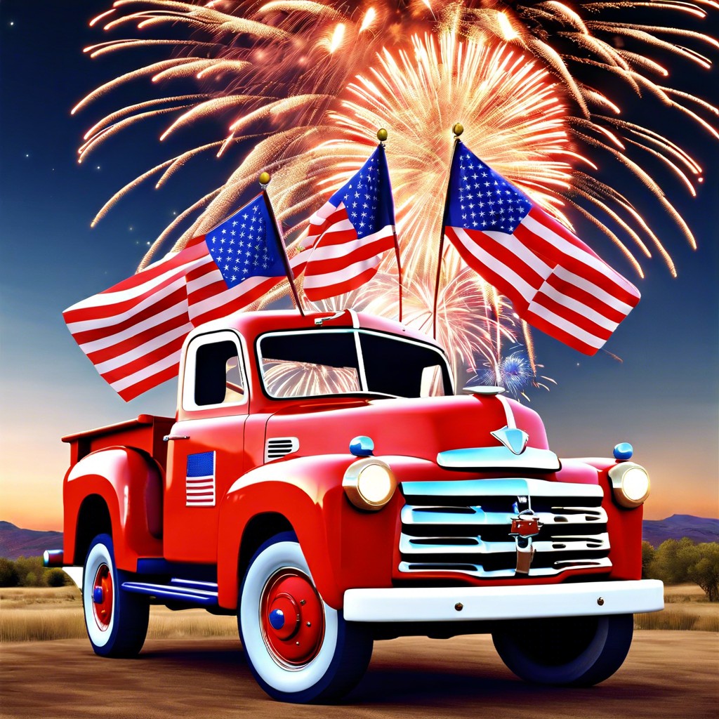 vintage truck adorned with flags and fireworks