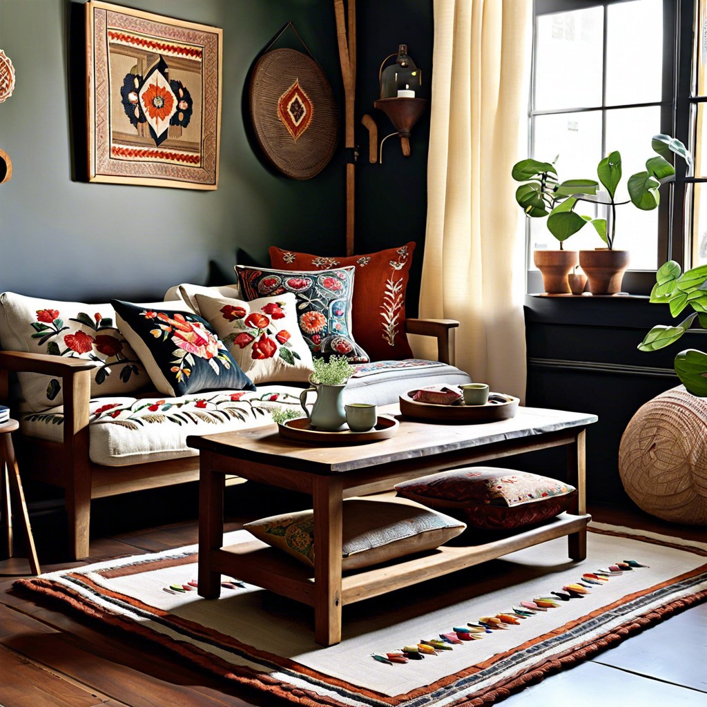 vintage vibes with embroidered cushions and antique coffee table