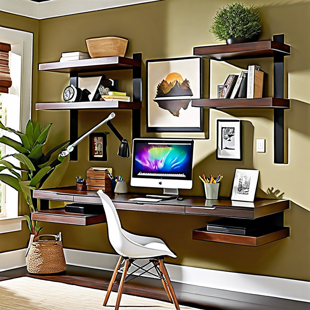 wall mounted desk and floating shelves