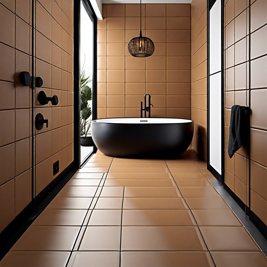 warm minimalism use smooth caramel brown tiles with minimalist fixtures in matte black