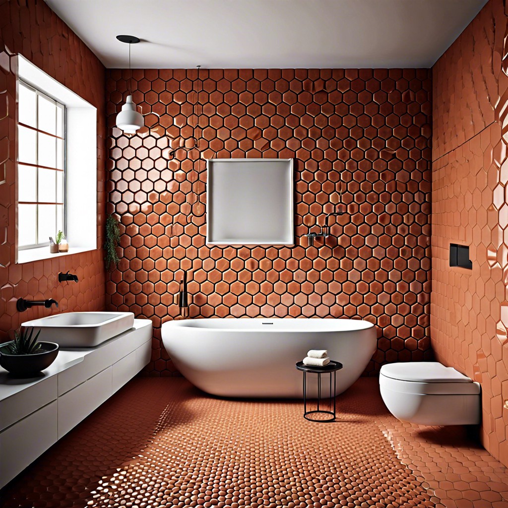 warm rustic terracotta hexagon tiles with antique brass fittings