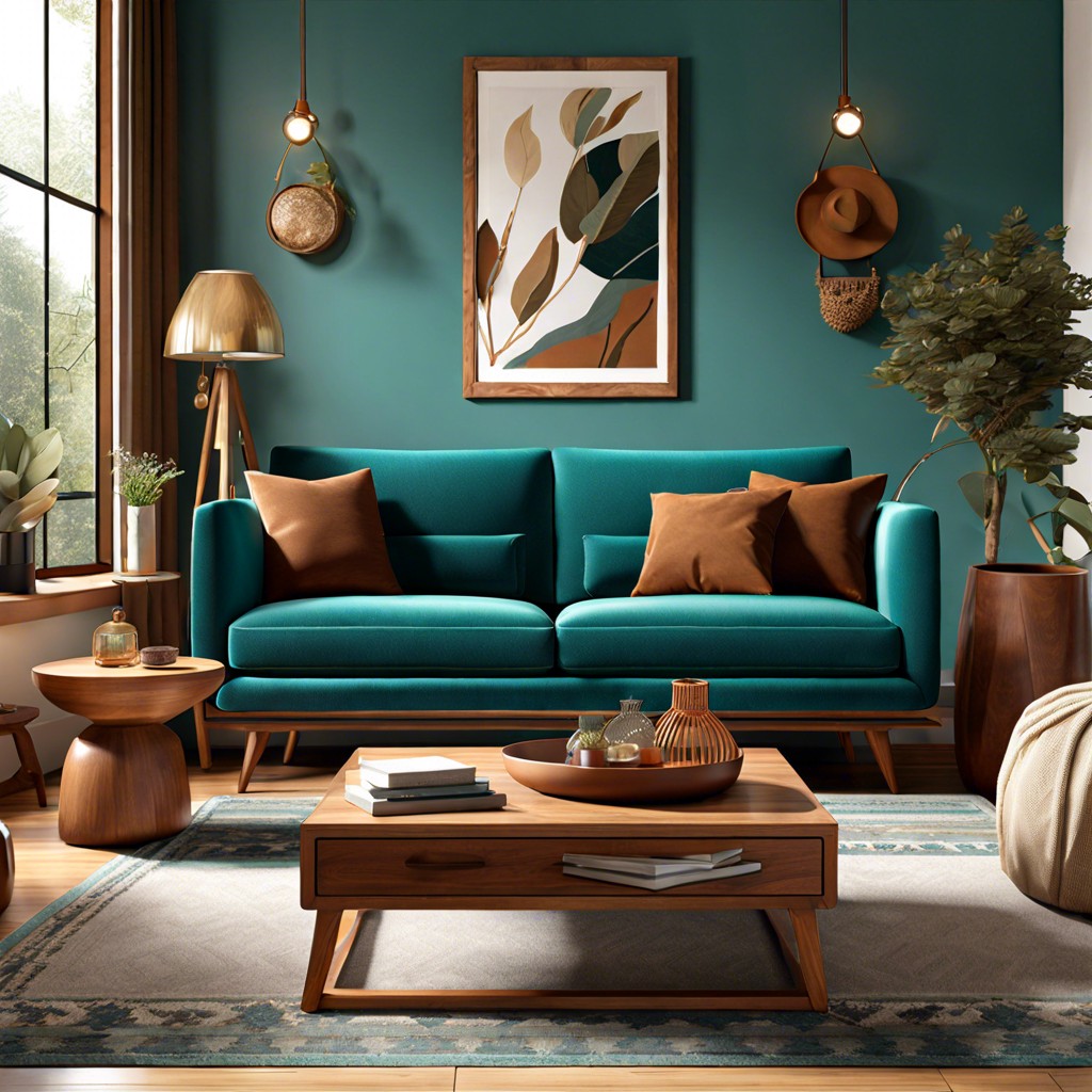 warm woods pair the sofa with rich wooden furniture and earth toned accessories