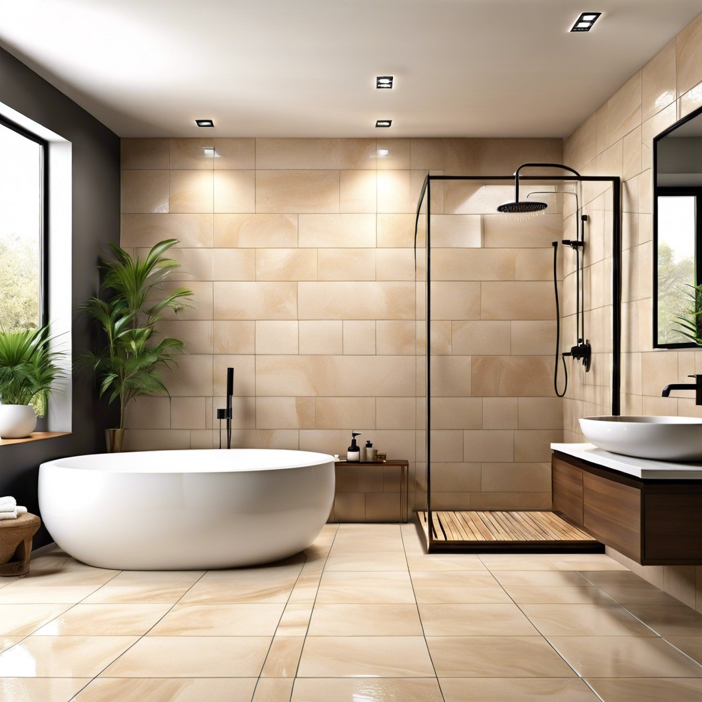 waterfall shower with seamless beige tiles