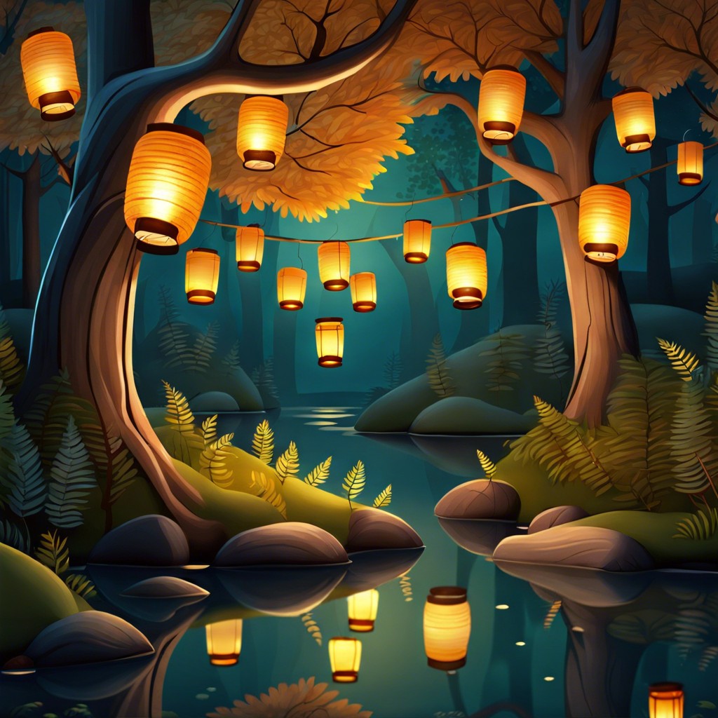 whimsical forest with floating lanterns