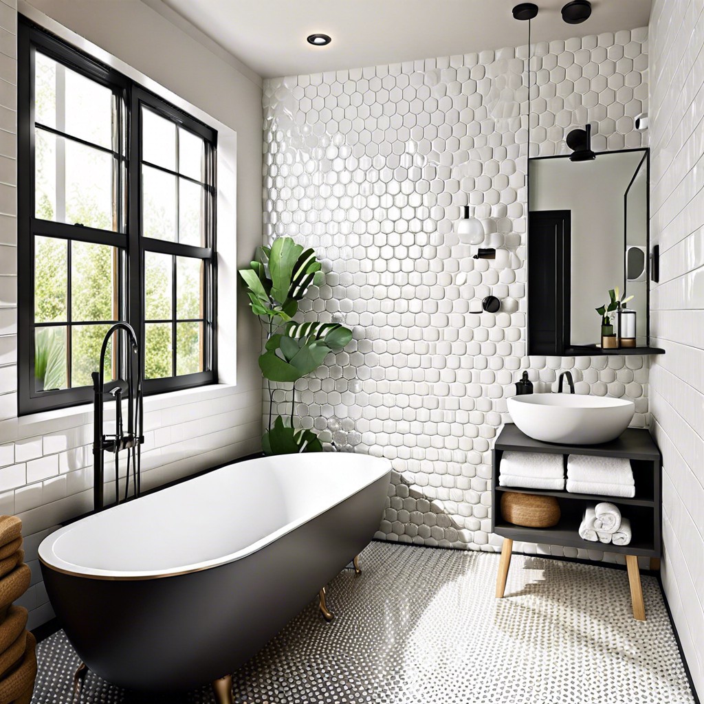 white penny tiles on the bottom with a dark contrasting paint color above