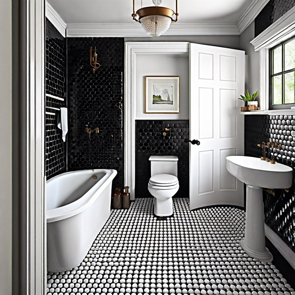 white penny tiles with black grout for a classic look