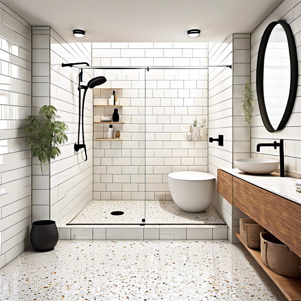 white tiles with terrazzo floor for a modern twist