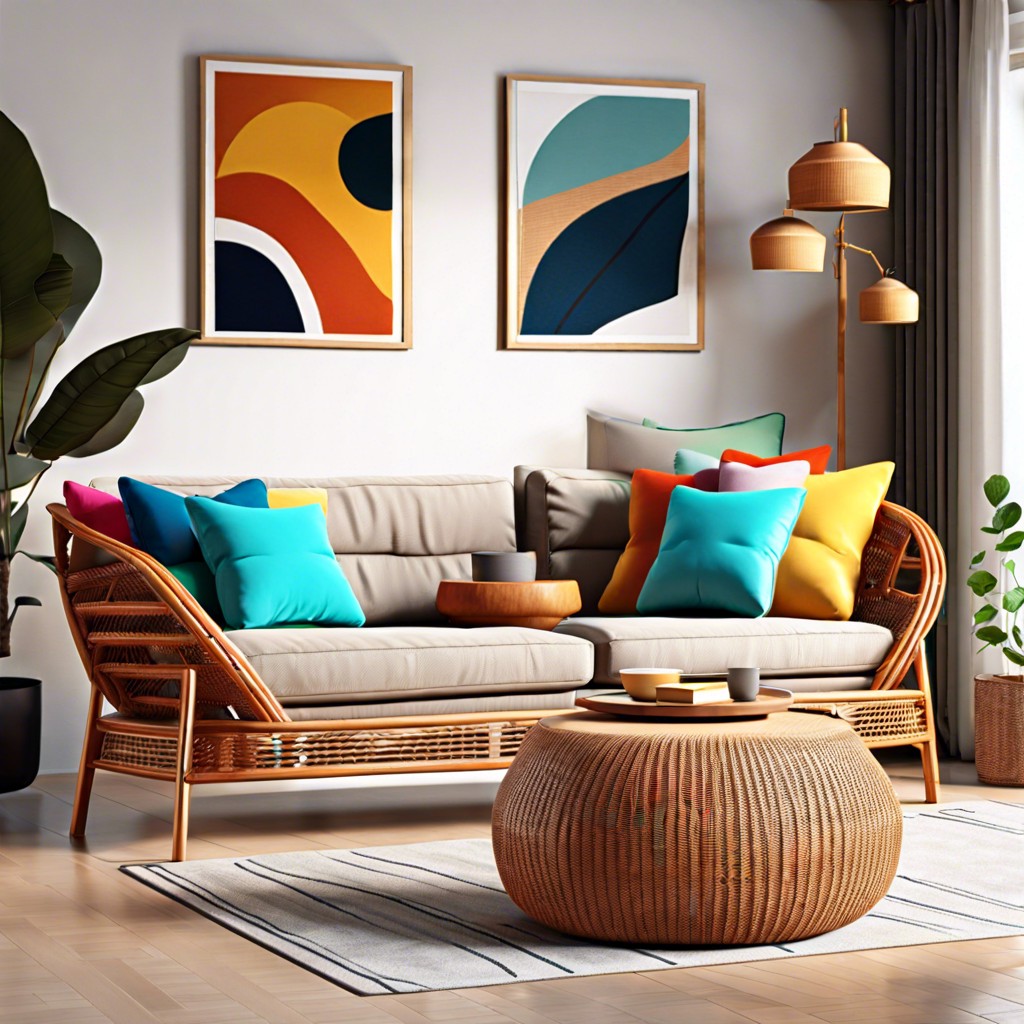 wicker sofas with colorful cushions
