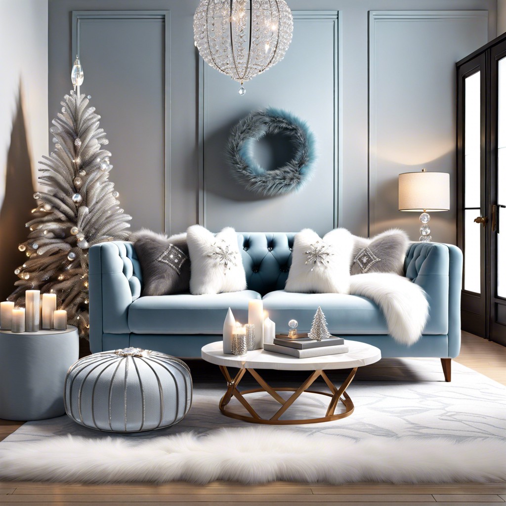 winter wonderland style a light blue couch with faux fur throws soft gray accents and crystal decorations