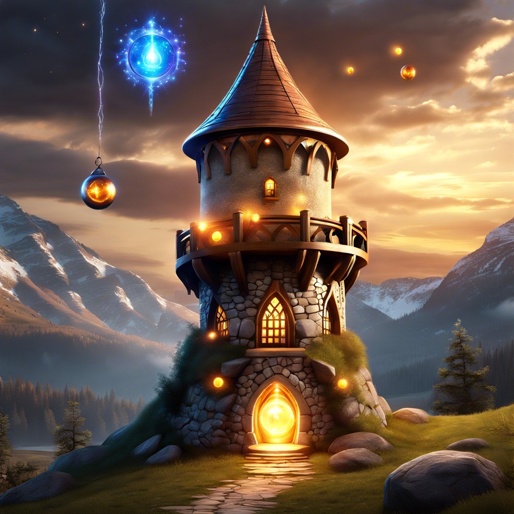 wizards tower with magical orbs