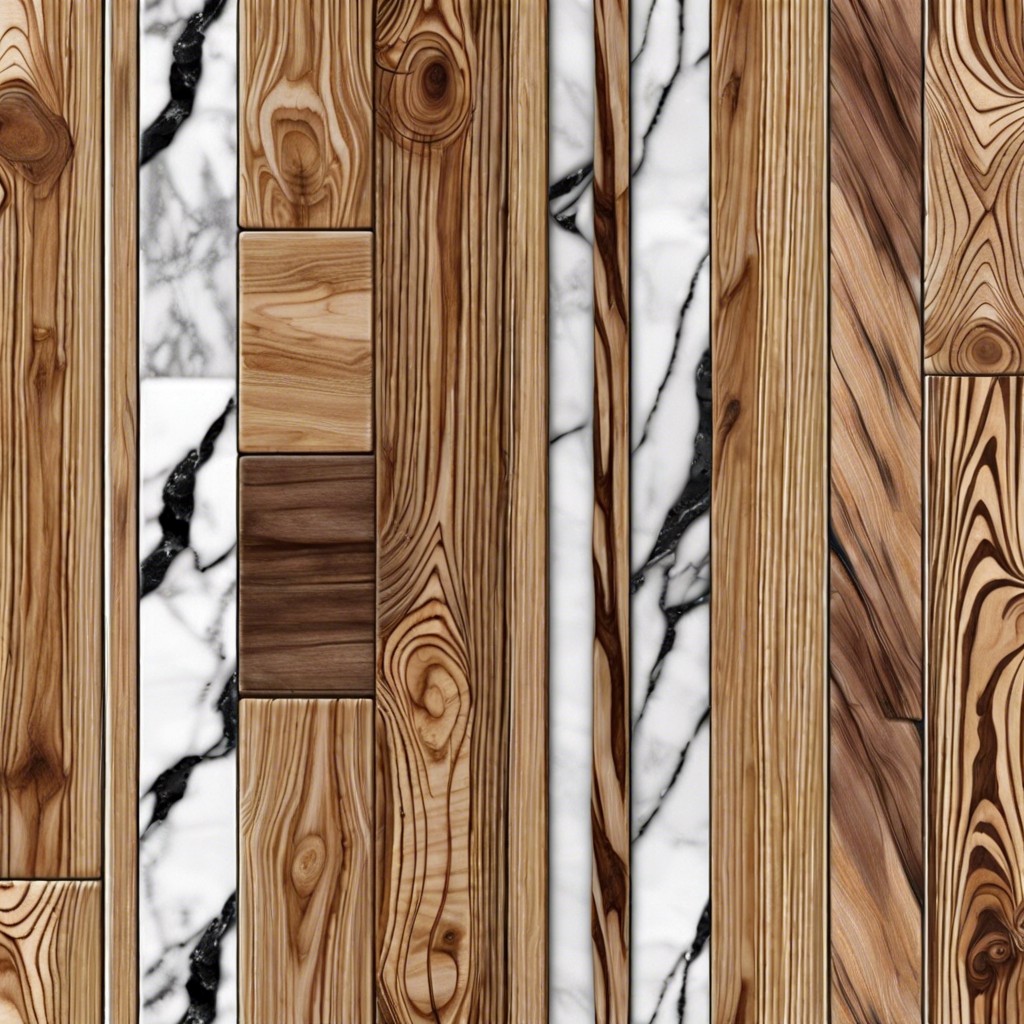 wood look porcelain with marble accents