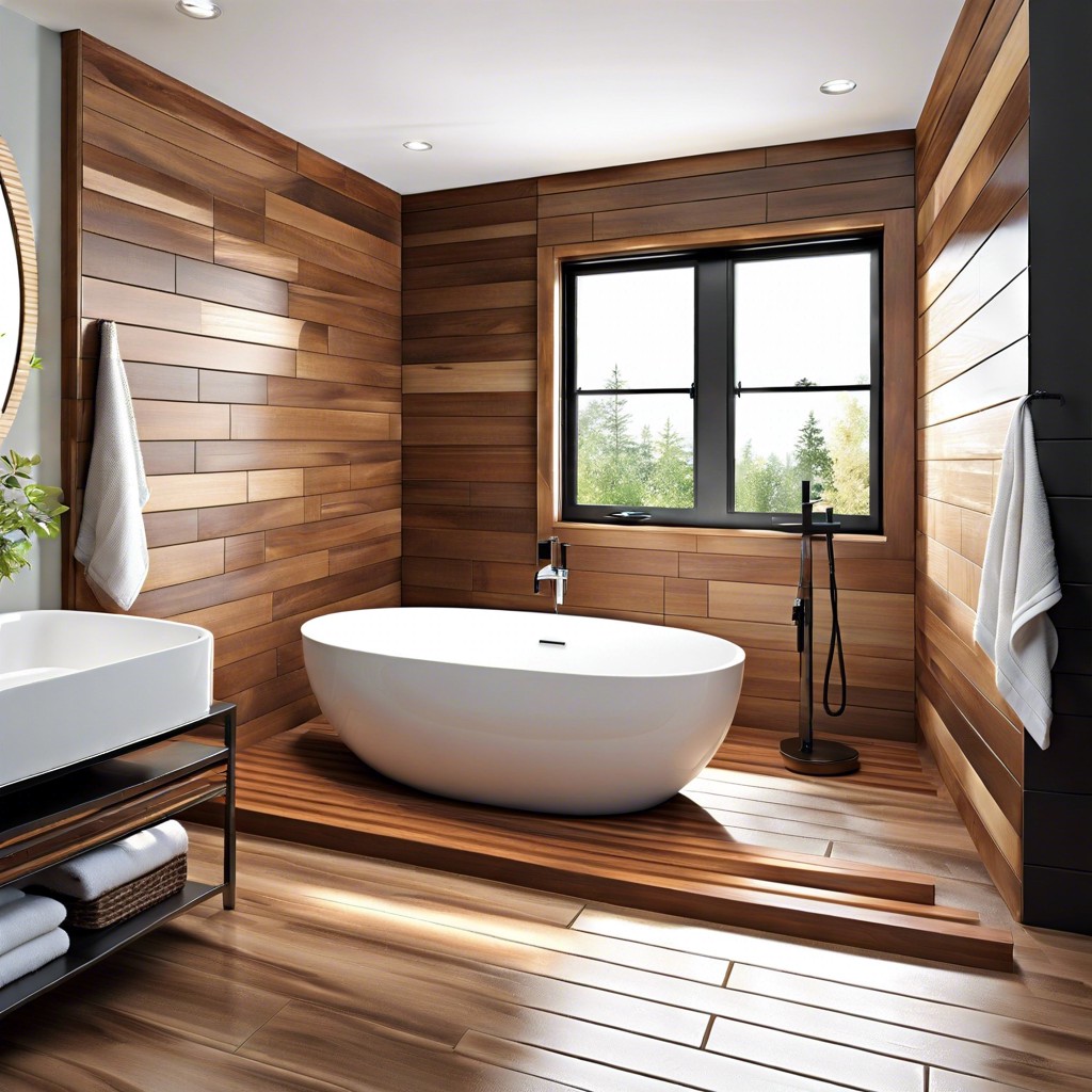 wood tile framing a freestanding tub