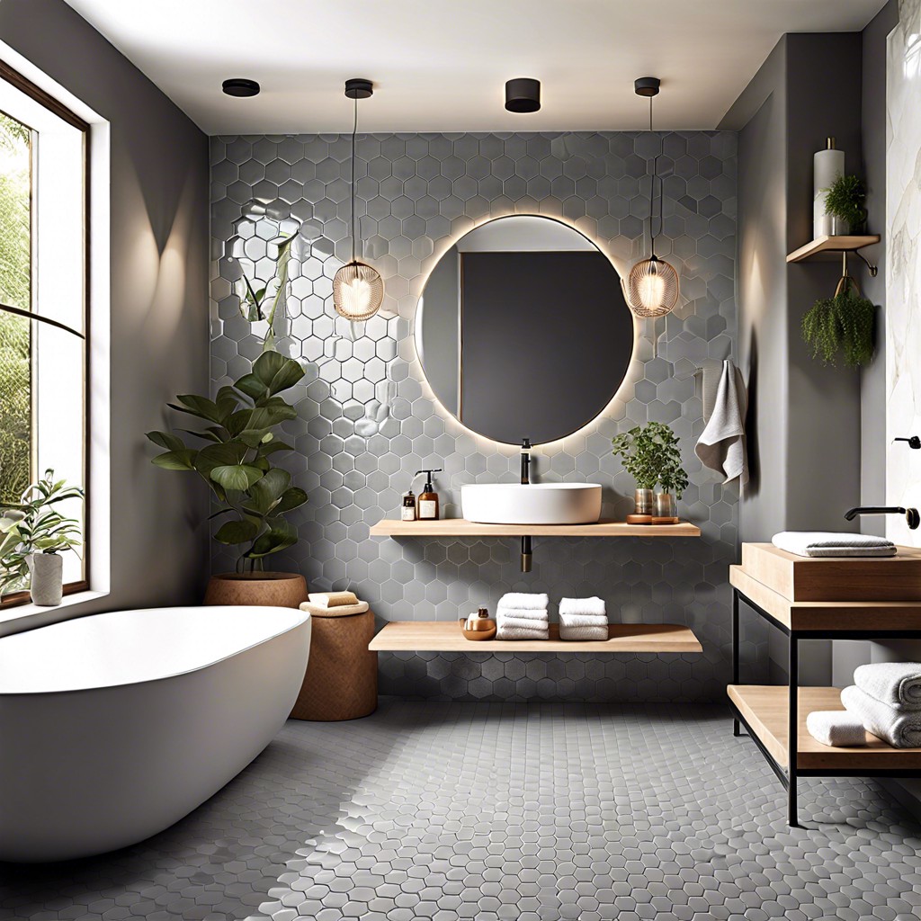 zen escape soft grey hexagon tiles with bamboo and stone elements