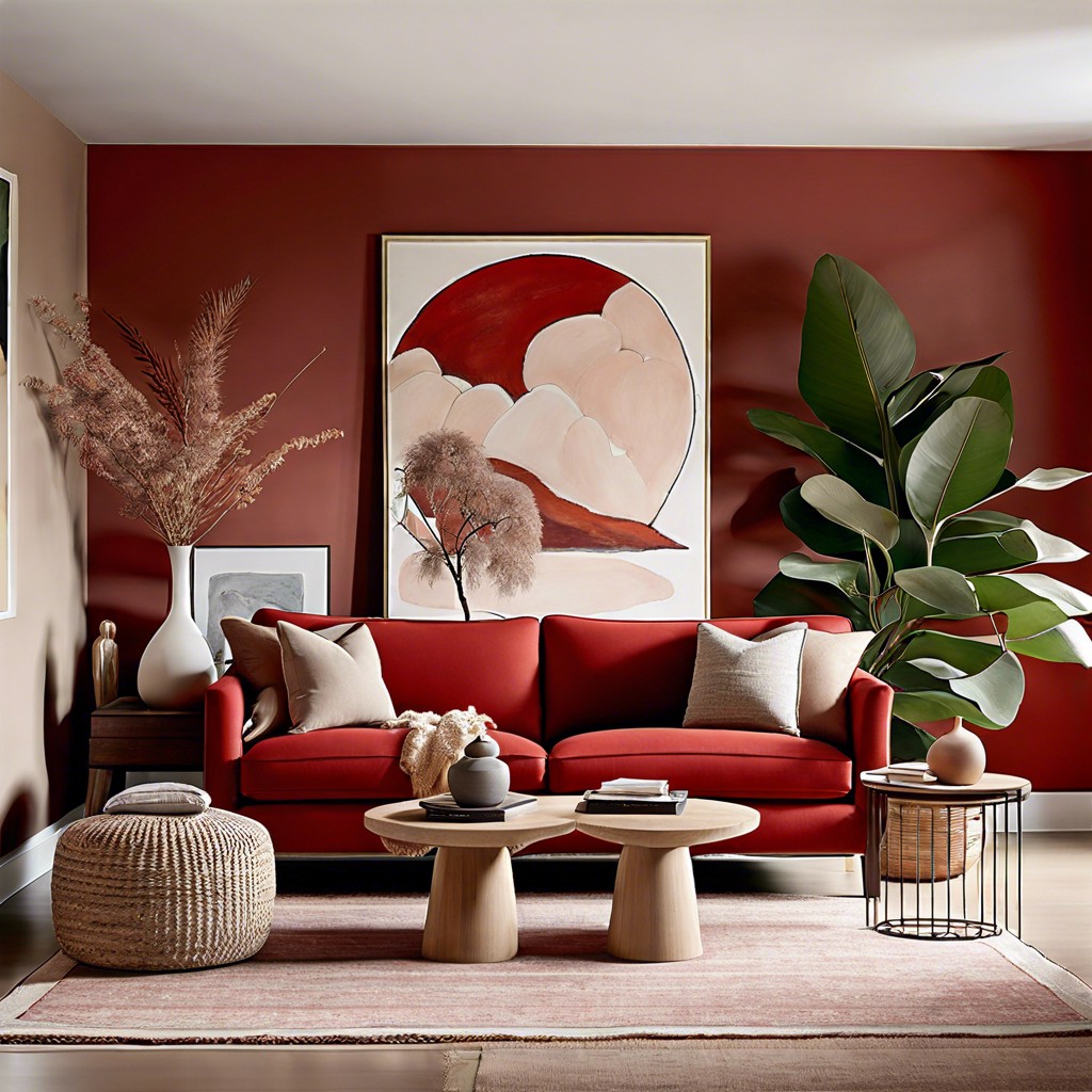 zen harmony surround the red couch with soft neutrals natural materials and simple flowing lines