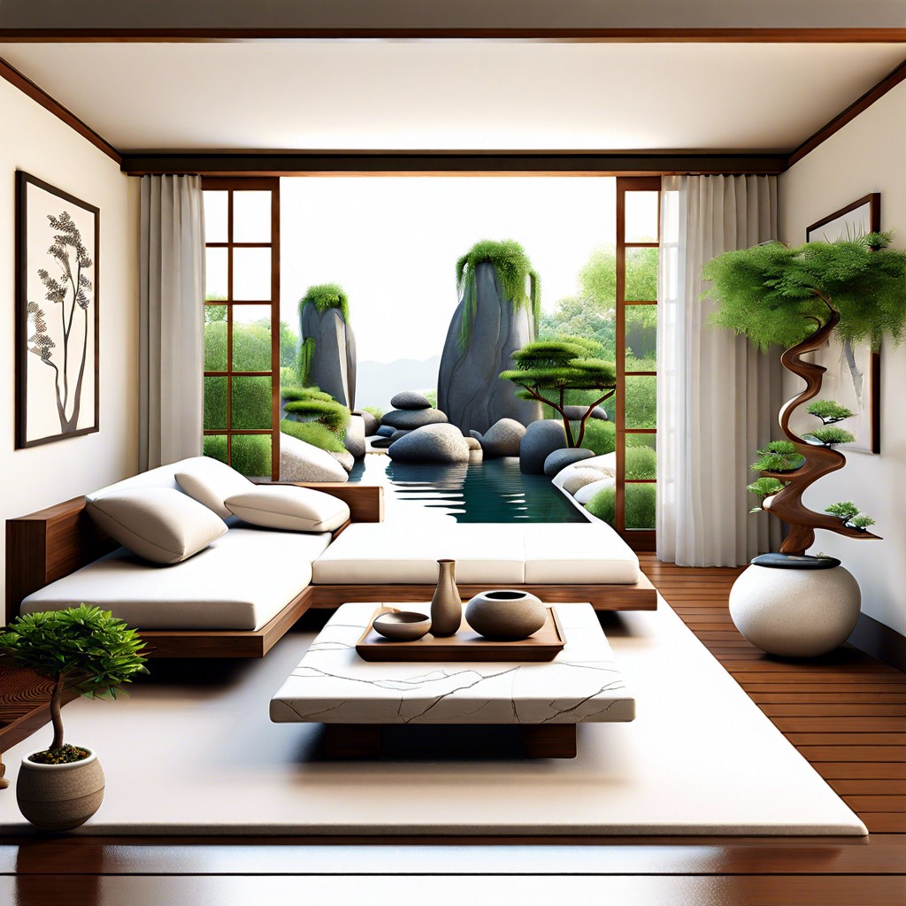 zen inspired space featuring a low white couch natural stone and water features