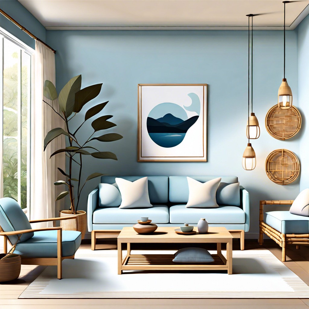 zen retreat create a calming space with a light blue couch soft lighting minimalist art and bamboo accents