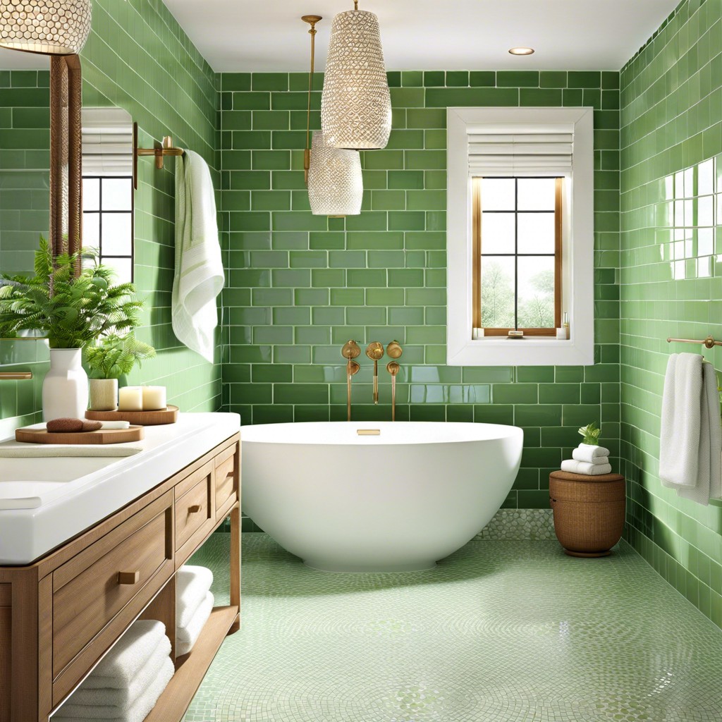 zen retreat create a serene backdrop with soft green and white mosaic tiles in a subtle bamboo pattern