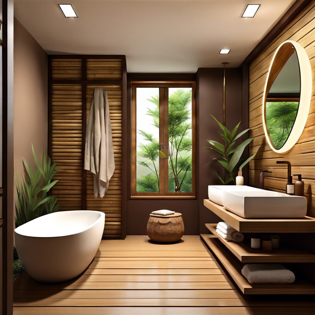 zen retreat opt for earthy brown tones with bamboo accents and natural stone for a spa like ambiance