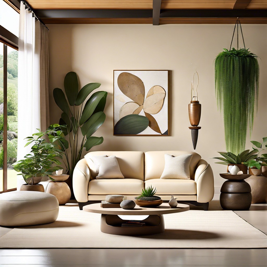 zen retreat use low furniture indoor plants and stone decorations