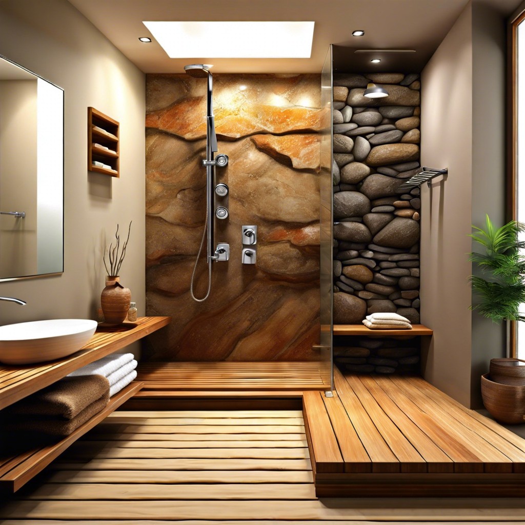 zen shower with natural stone walls and wooden accents