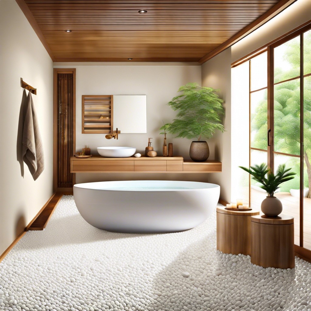 zen spa white pebble floor tiles with bamboo accents and minimalistic decor