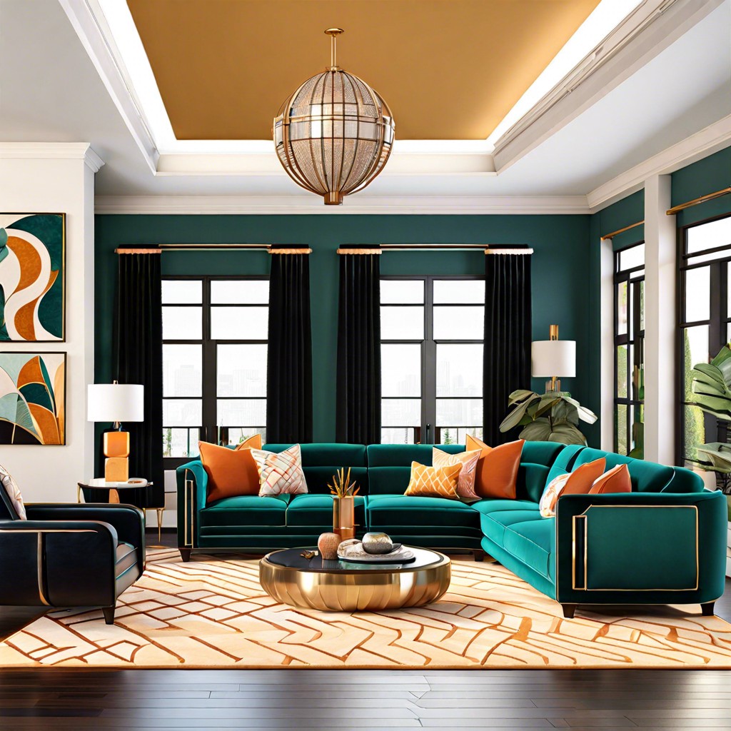 art deco u shaped sectional with bold colors and sharp lines