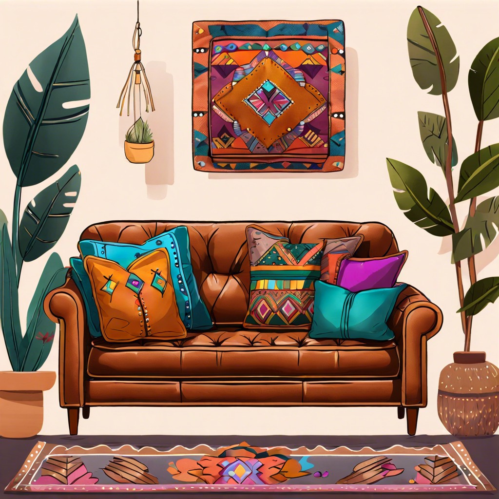 boho chic leather couch with colorful pillows