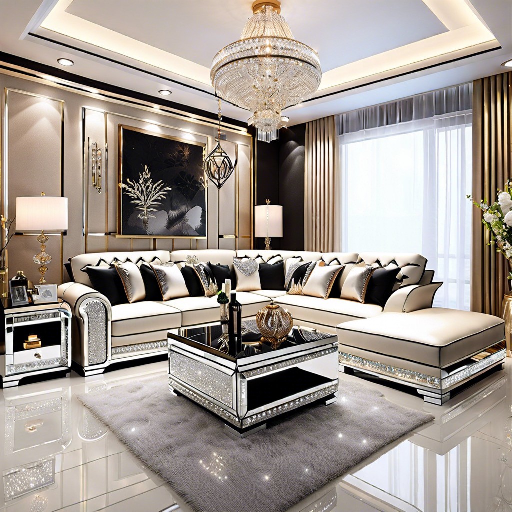 glamorous sectional with mirrored accents and crystal detailing