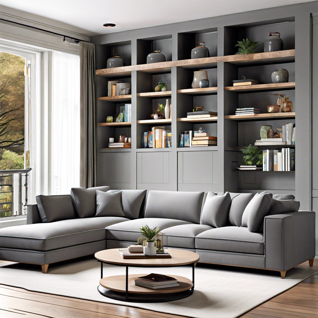 grey sectional with built in bookshelves