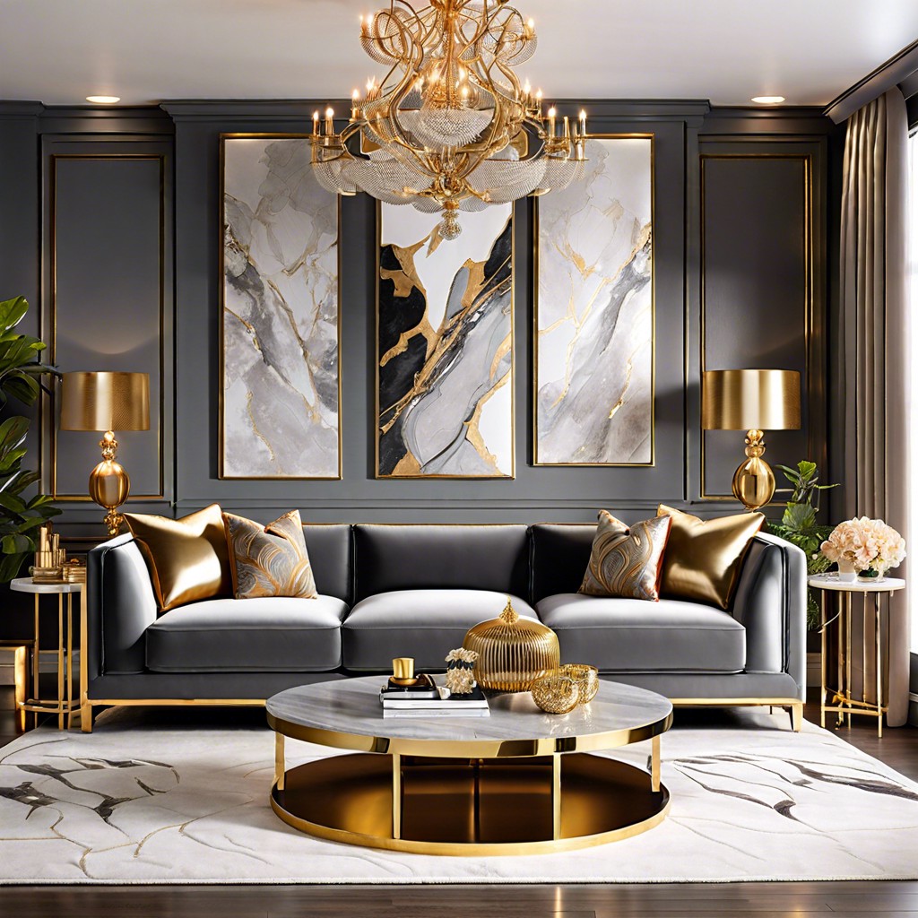 grey velvet sectional with gold accents