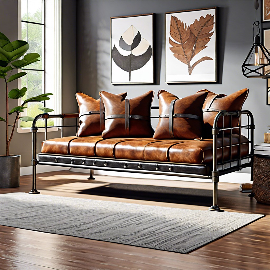 industrial metal and leather daybed couch