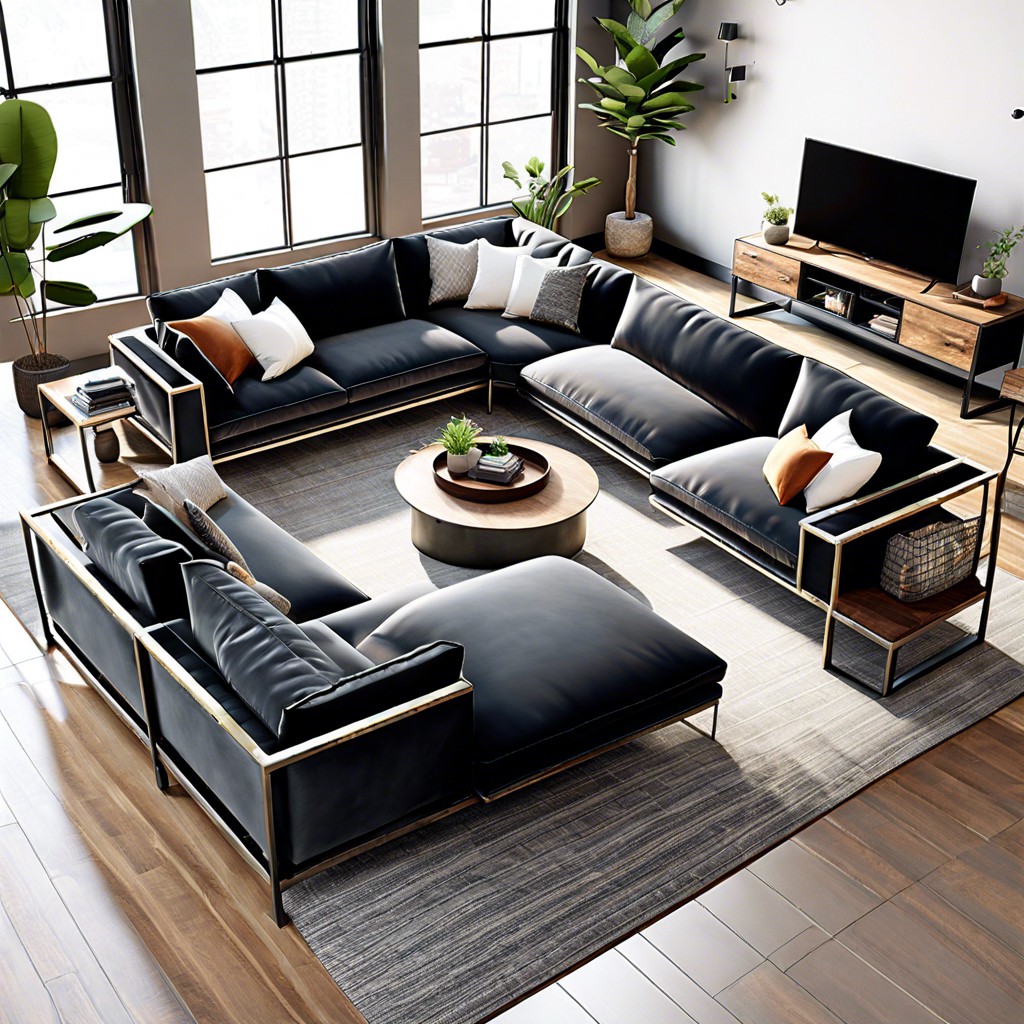 industrial style sectional with exposed metal frames and dark upholstery