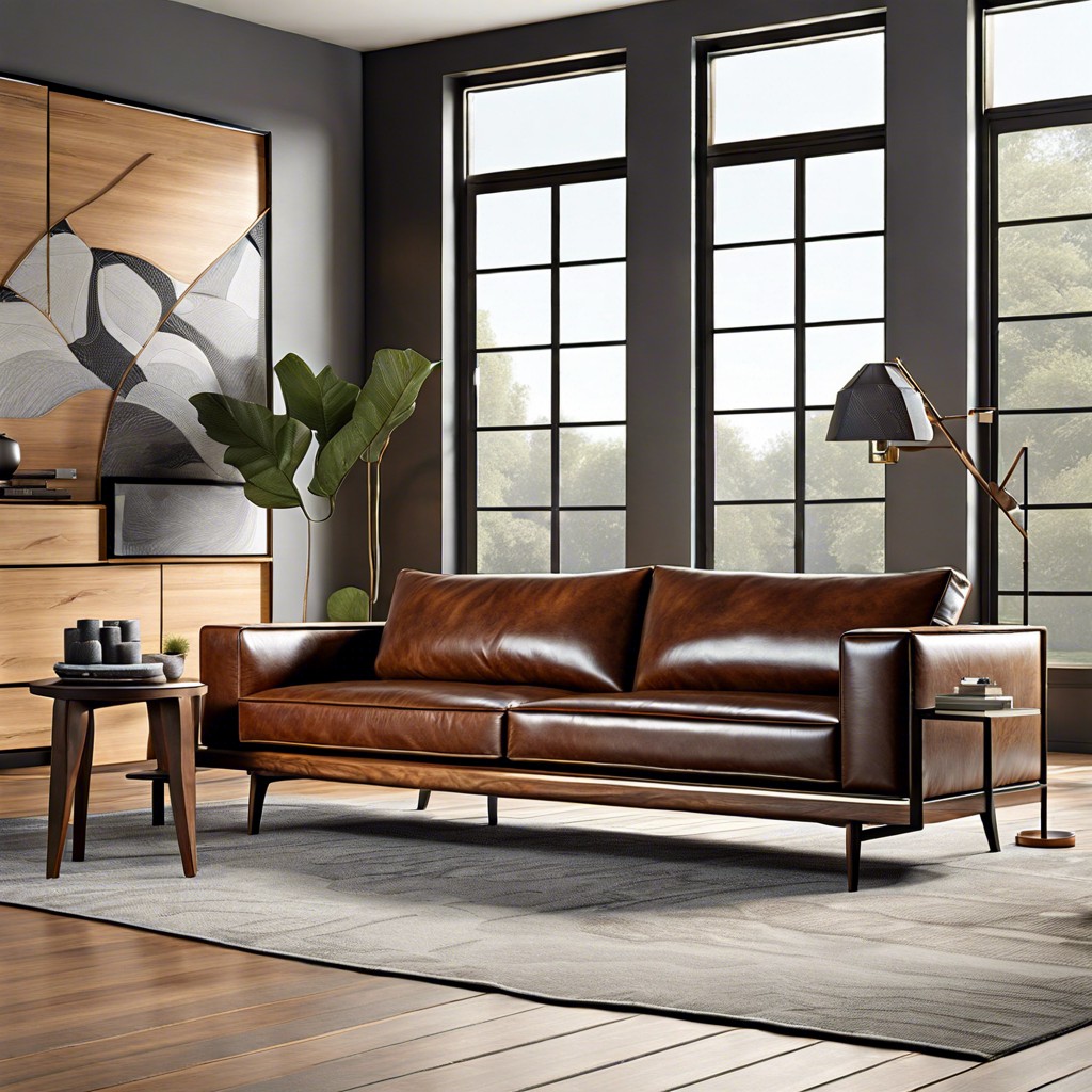 leather couch with wooden accents