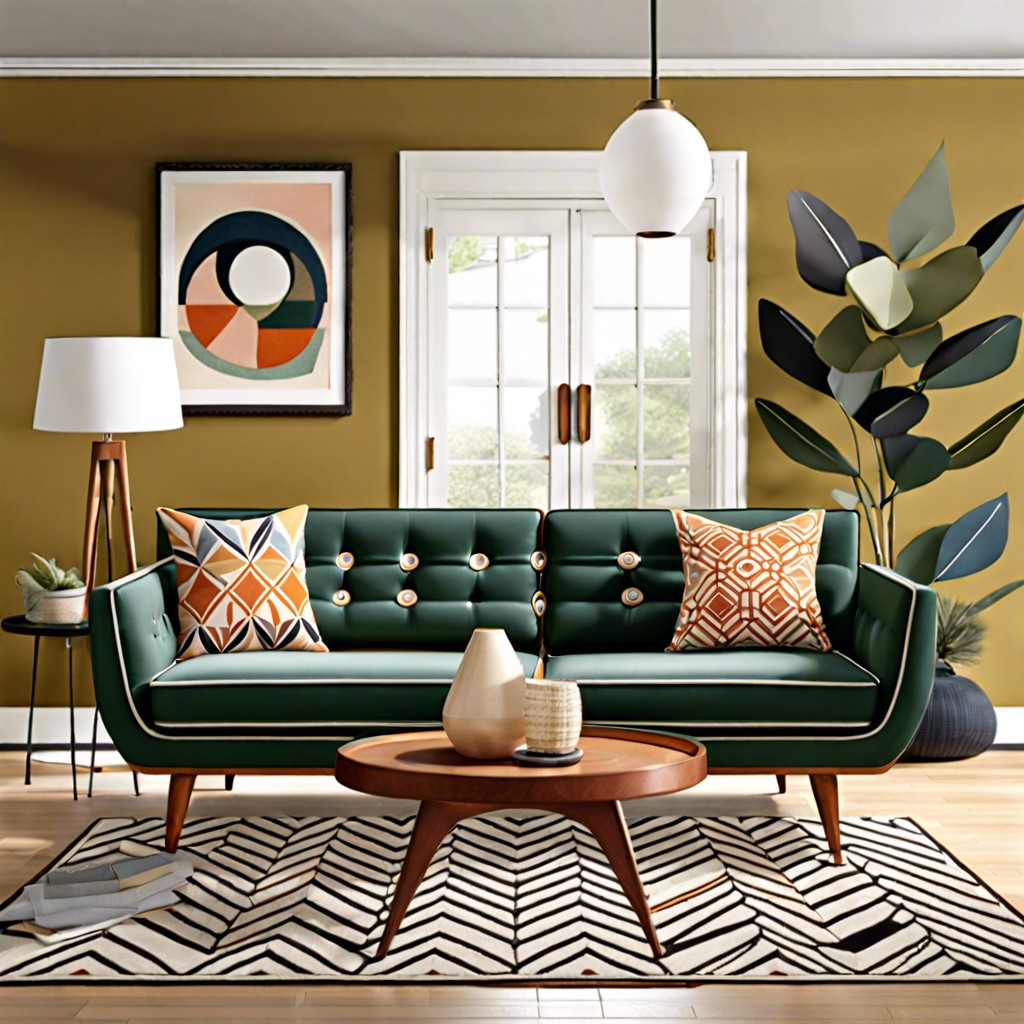 mid century modern sectional with tapered legs and geometric patterns