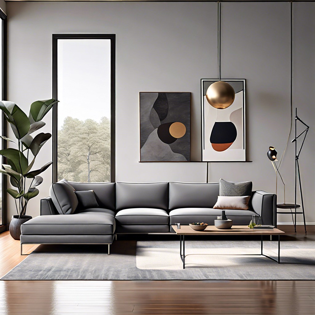minimalist grey sectional with metal legs