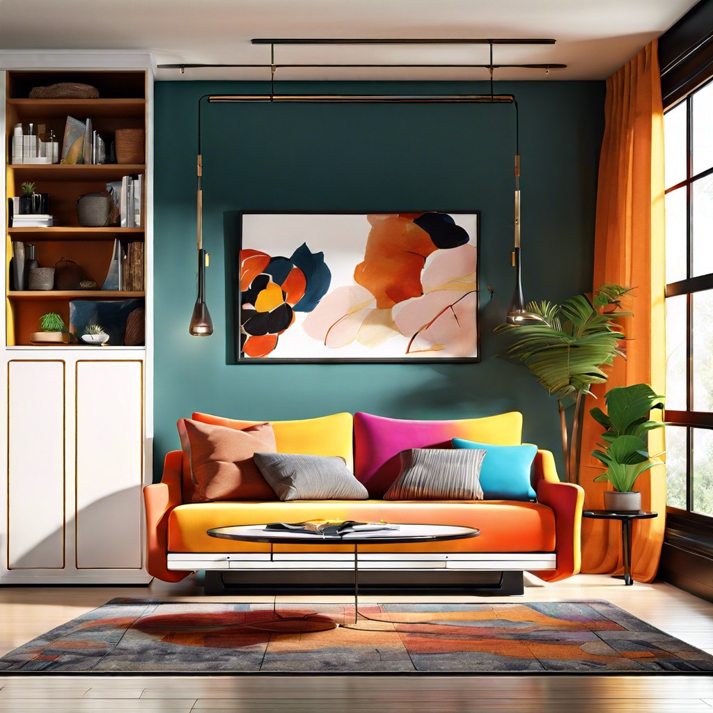 murphy bed with multi colored fabric couch
